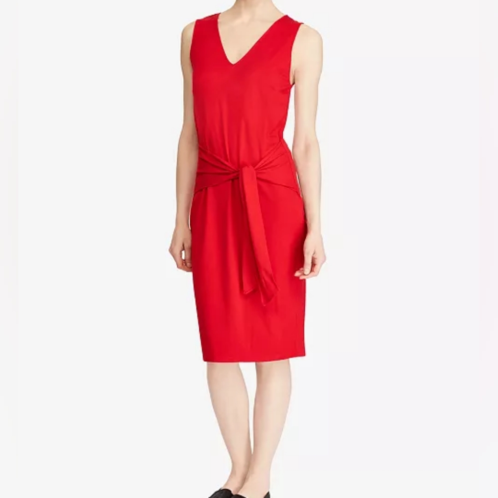 Lauren Ralph Lauren Red Deep V-neck Tie Front Sleeveless Dress Size M